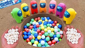 Toy marbles of different colors experiment with Coca-Cola, Fanta, Melinda, Pepsi, Sprite and Mentos